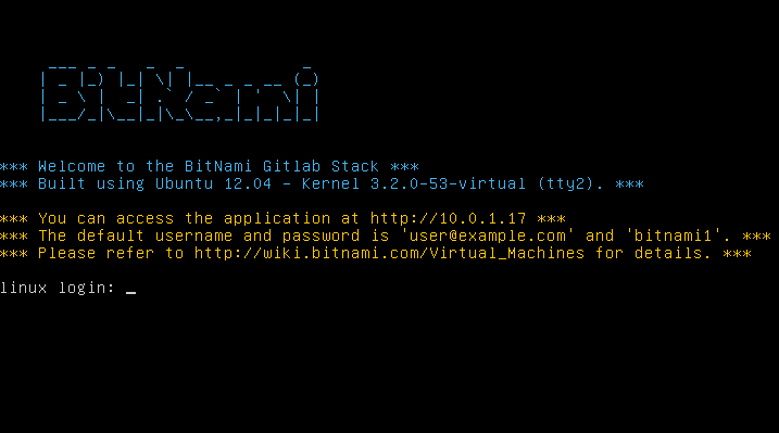 A tela de login da máquina virtual Bitnami GitLab.