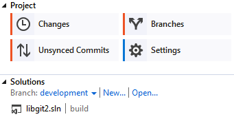 Η προβολή ``Home'' για ένα αποθετήριο Git στο Visual Studio.